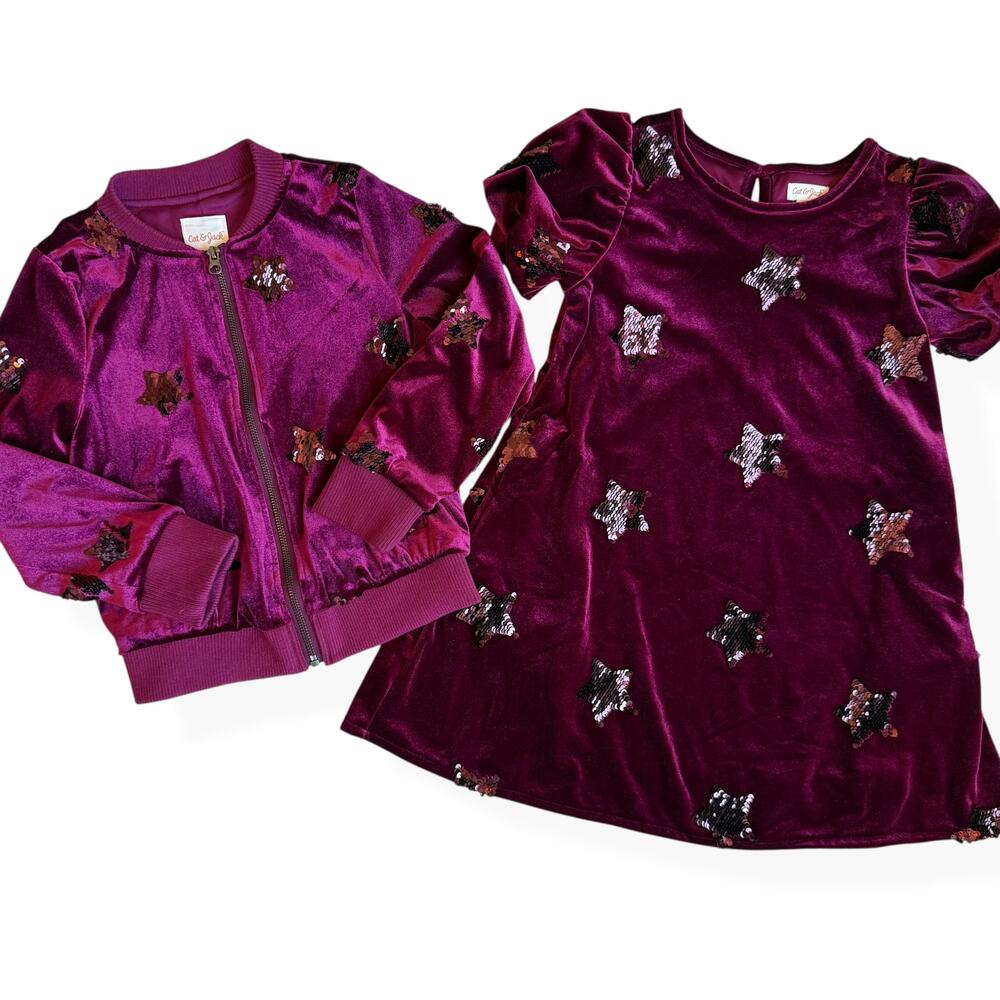Cat & Jack Burgundy Velour Sequin Star Dress and Jacket Small 6/7